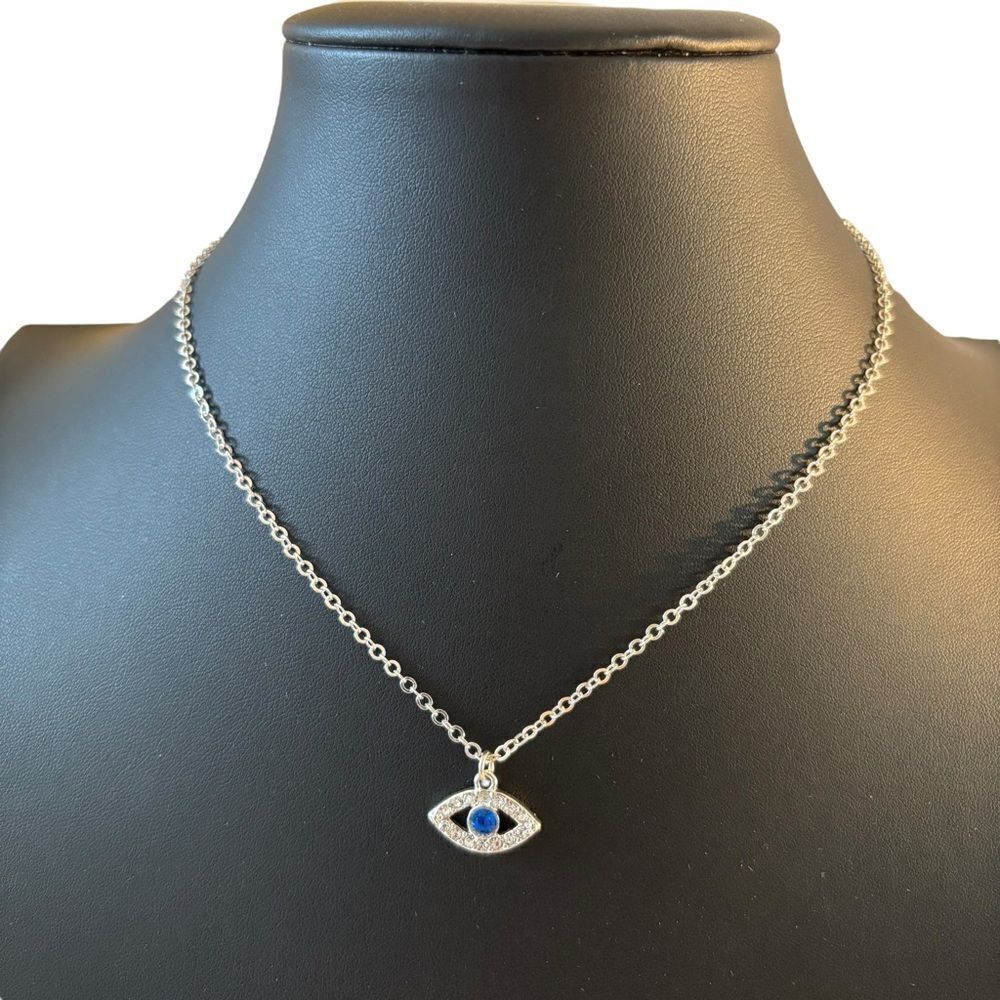 Delicate Evil Eye Pendant w/ Clear Pave Crystals & Blue Stone.